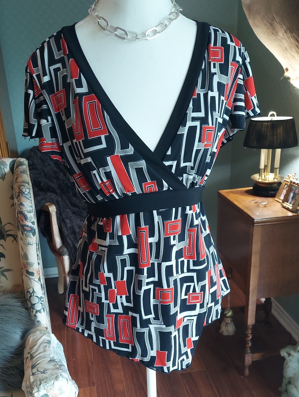 Tempted Black, Gray & Coral Geometric Tunic